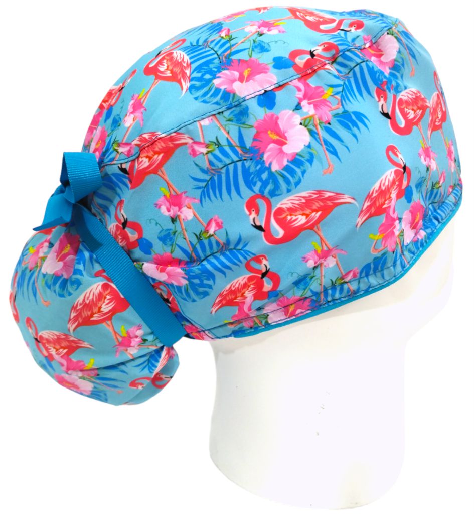 Gorro Quirúrgico Mujer y Portacarnet Flamingos Azul - gorro antifluido para mujer Doctools - foto 2