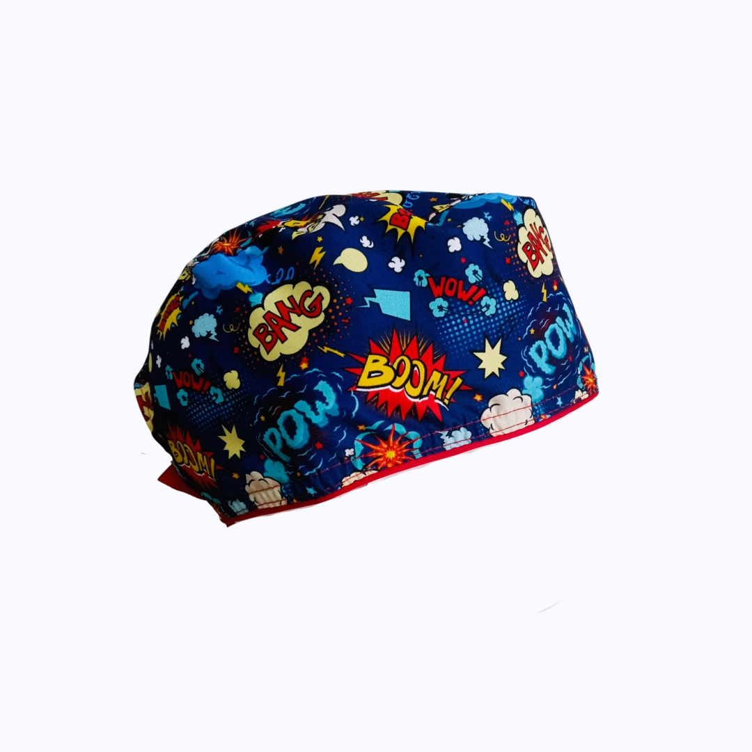 Gorro Quirúrgico Hombre y Portacarnet Cómic Onomatopeyas Pop Art Azul