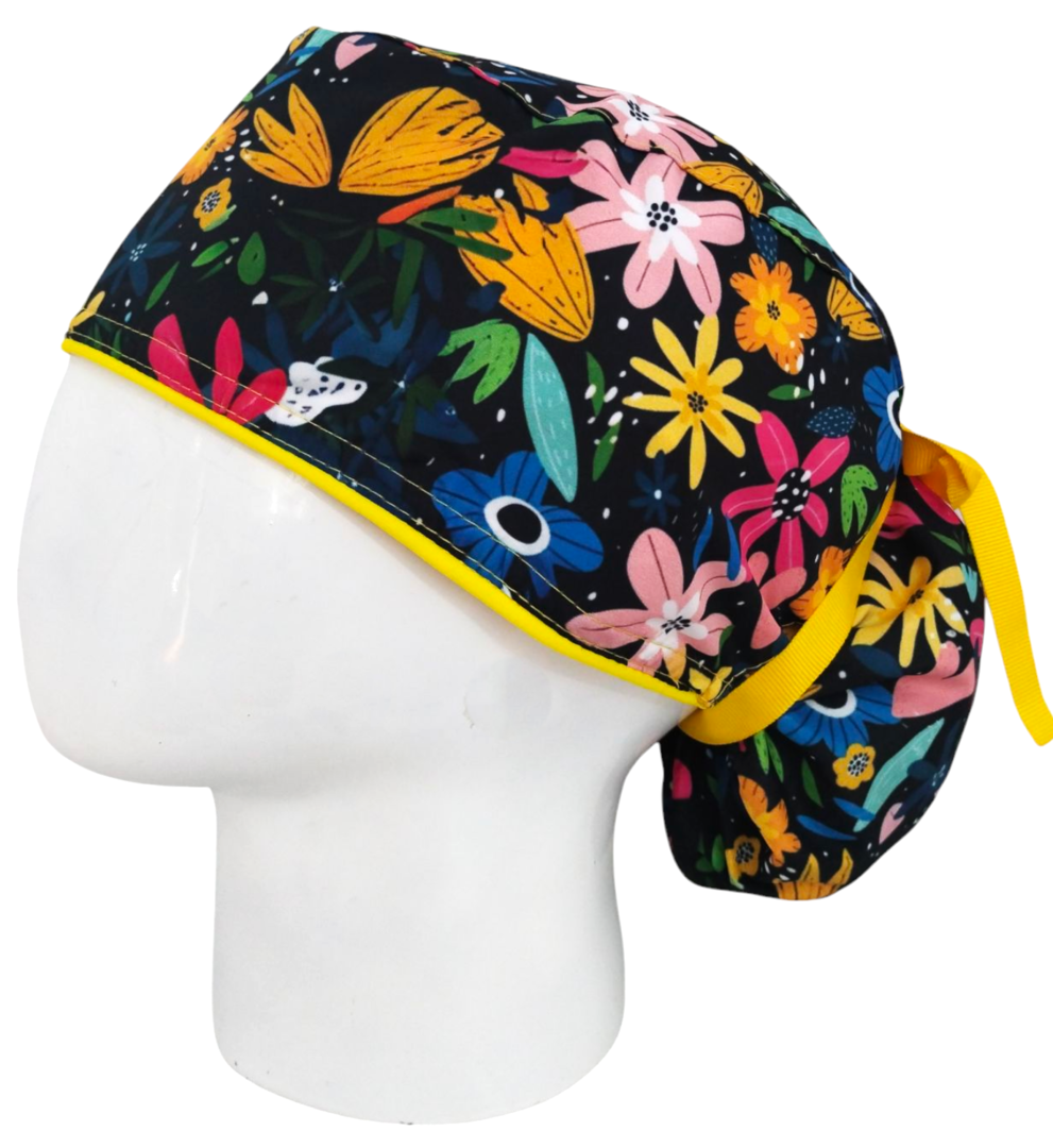 Gorro Quirúrgico Mujer y Portacarnet Flores Negro - gorro antifluido para mujer Doctools - foto 1