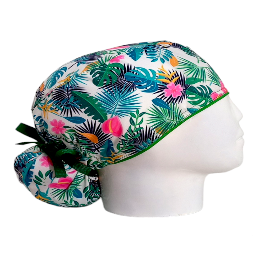 Gorro Quirúrgico Mujer y Portacarnet Tropical Blanco - gorro antifluido para mujer Doctools - foto 2