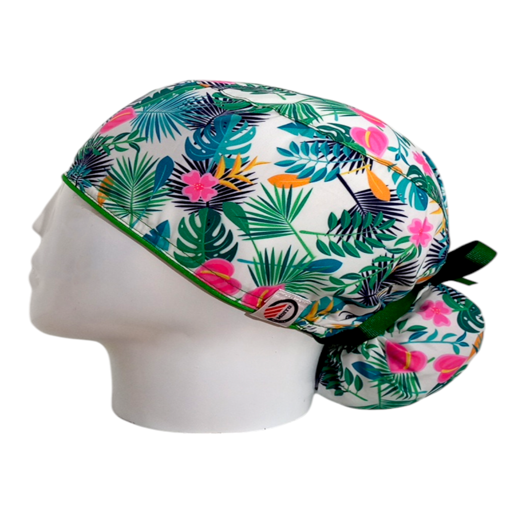Gorro Quirúrgico Mujer y Portacarnet Tropical Blanco - gorro antifluido para mujer Doctools - foto 1