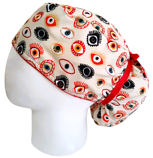 Gorro Quirúrgico Mujer y Portacarnet Ojo Turco Beige y Rojo - gorro antifluido para mujer Doctools - foto 1