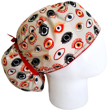 Gorro Quirúrgico Mujer y Portacarnet Ojo Turco Beige y Rojo - gorro antifluido para mujer Doctools - foto 2