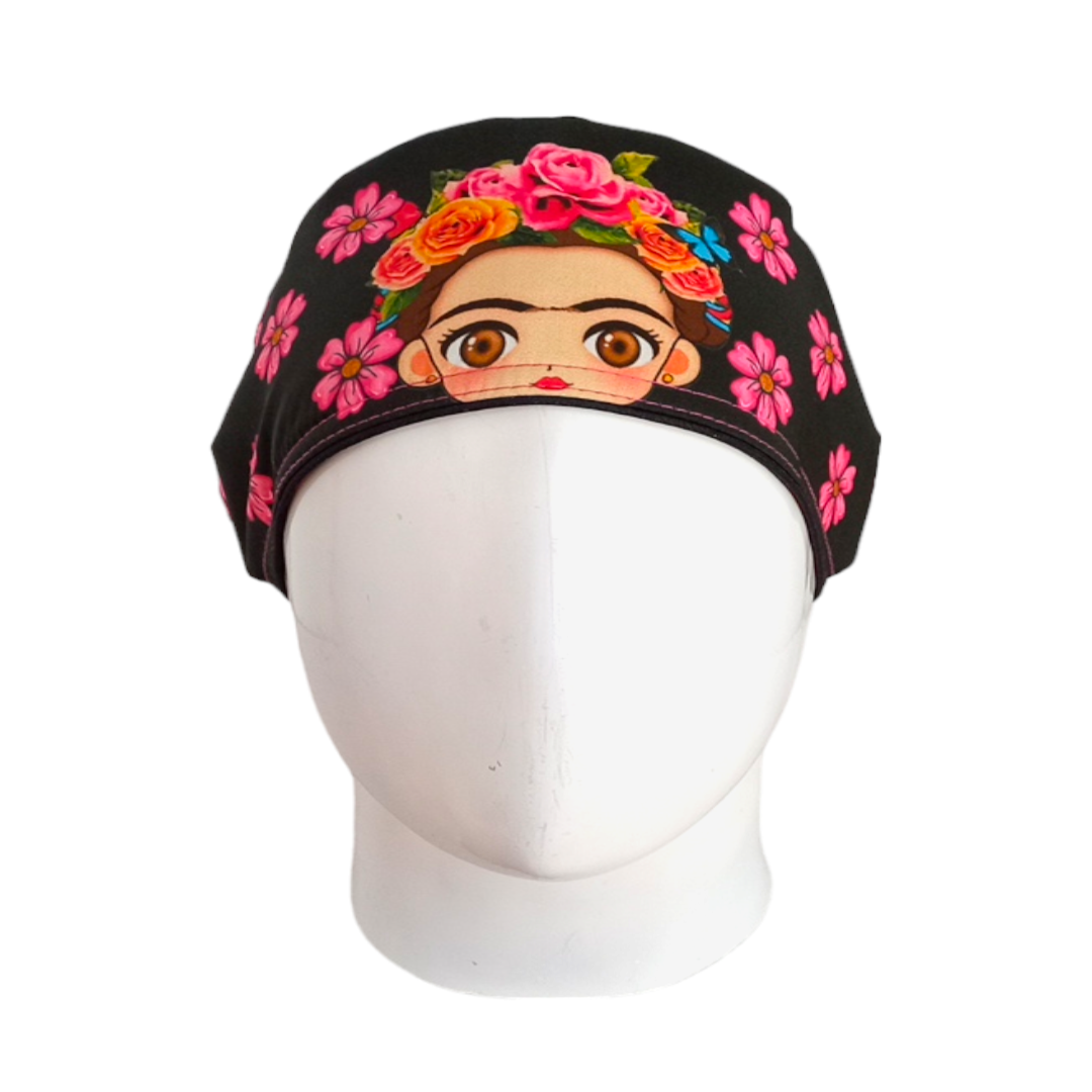 Gorro Quirúrgico Mujer y Portacarnet Frida Kahlo Negro Flores Rosadas - gorro antifluido para mujer Doctools - foto 3