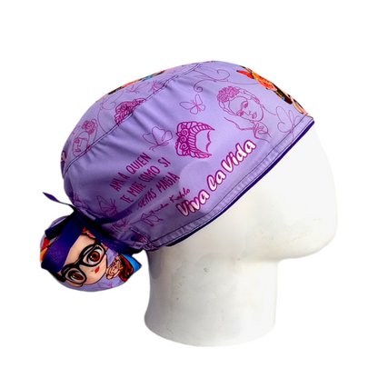 Gorro Quirúrgico Mujer y Portacarnet Frida Kahlo Lila - gorro antifluido para mujer Doctools - foto 2