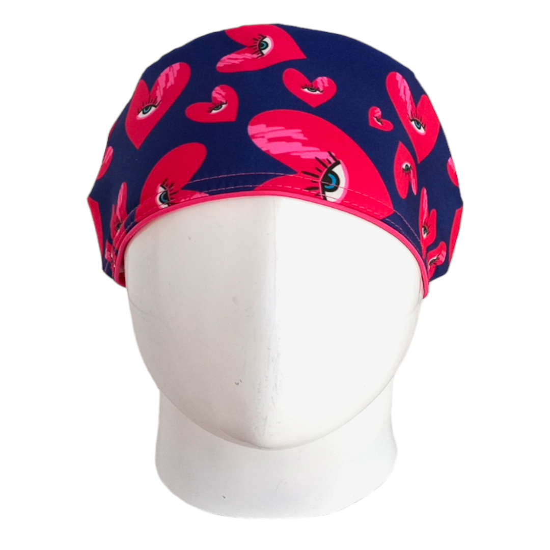 Gorro Quirúrgico Mujer y Portacarnet Corazones y Ojo Turco Azul Oscuro - gorro antifluido para mujer Doctools - foto 3