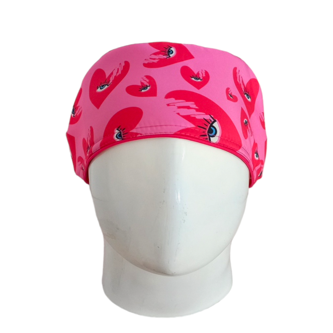 Gorro Quirúrgico Mujer y Portacarnet Corazones y Ojo Turco Fucsia - gorro antifluido para mujer Doctools - foto 3