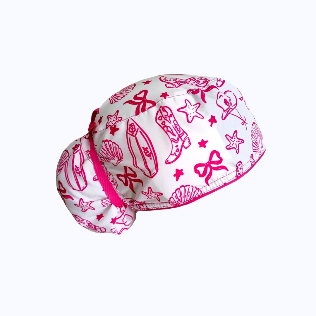 Gorro Quirúrgico Mujer y Portacarnet Estilo Coquette y Marino Fucsia