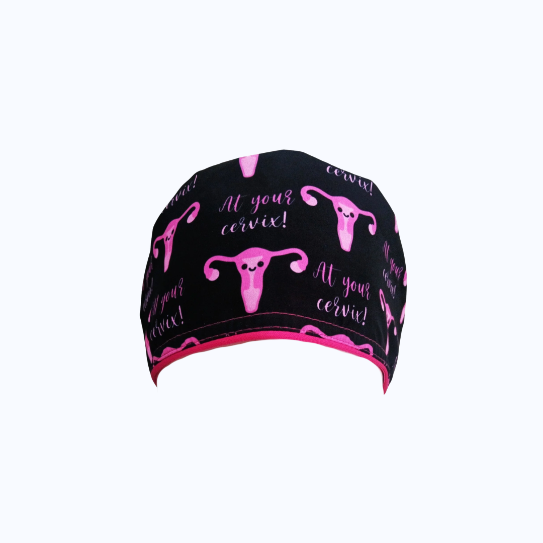 Gorro Quirúrgico Mujer y Portacarnet Ginecología "At Your Cervix" Negro y Rosa