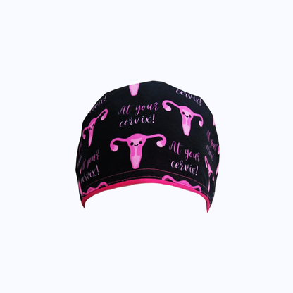 Gorro Quirúrgico Mujer y Portacarnet Ginecología "At Your Cervix" Negro y Rosa