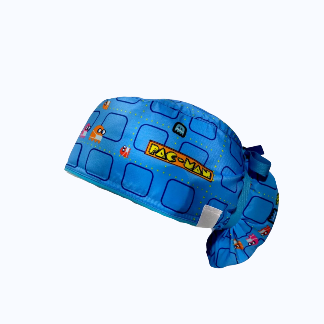 Gorro Quirúrgico Mujer y Portacarnet Pac-Man Azul Claro