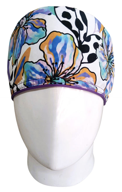 Gorro Quirúrgico Mujer y Portacarnet Flores Moradas - gorro antifluido para mujer Doctools - foto 3