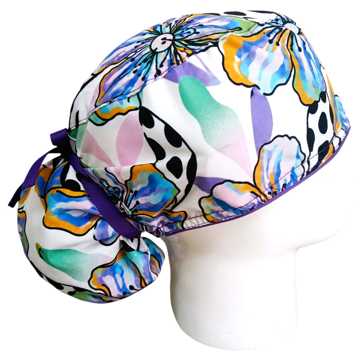 Gorro Quirúrgico Mujer y Portacarnet Flores Moradas - gorro antifluido para mujer Doctools - foto 2