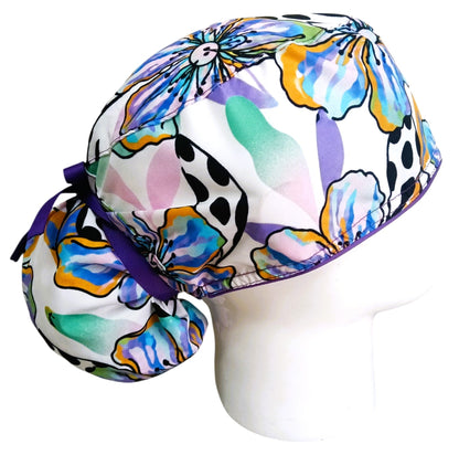Gorro Quirúrgico Mujer y Portacarnet Flores Moradas - gorro antifluido para mujer Doctools - foto 2