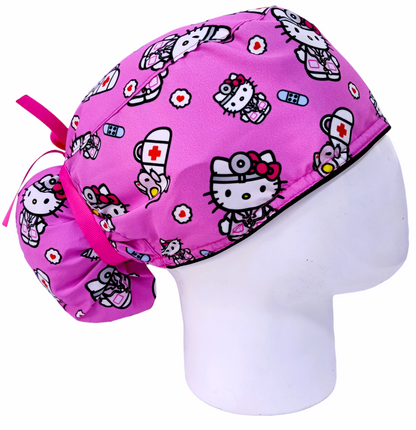 Gorro Quirúrgico Mujer y Portacarnet Hello Kitty Médica Fucsia - gorro antifluido para mujer Doctools - foto 2