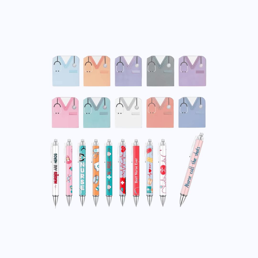 Set de Papelería Médica Bolígrafos y Notas Adhesivas Forma Scrub