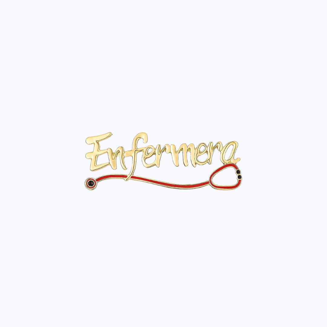 Pin Metálico Enfermera con Estetoscopio Dorado y Rojo