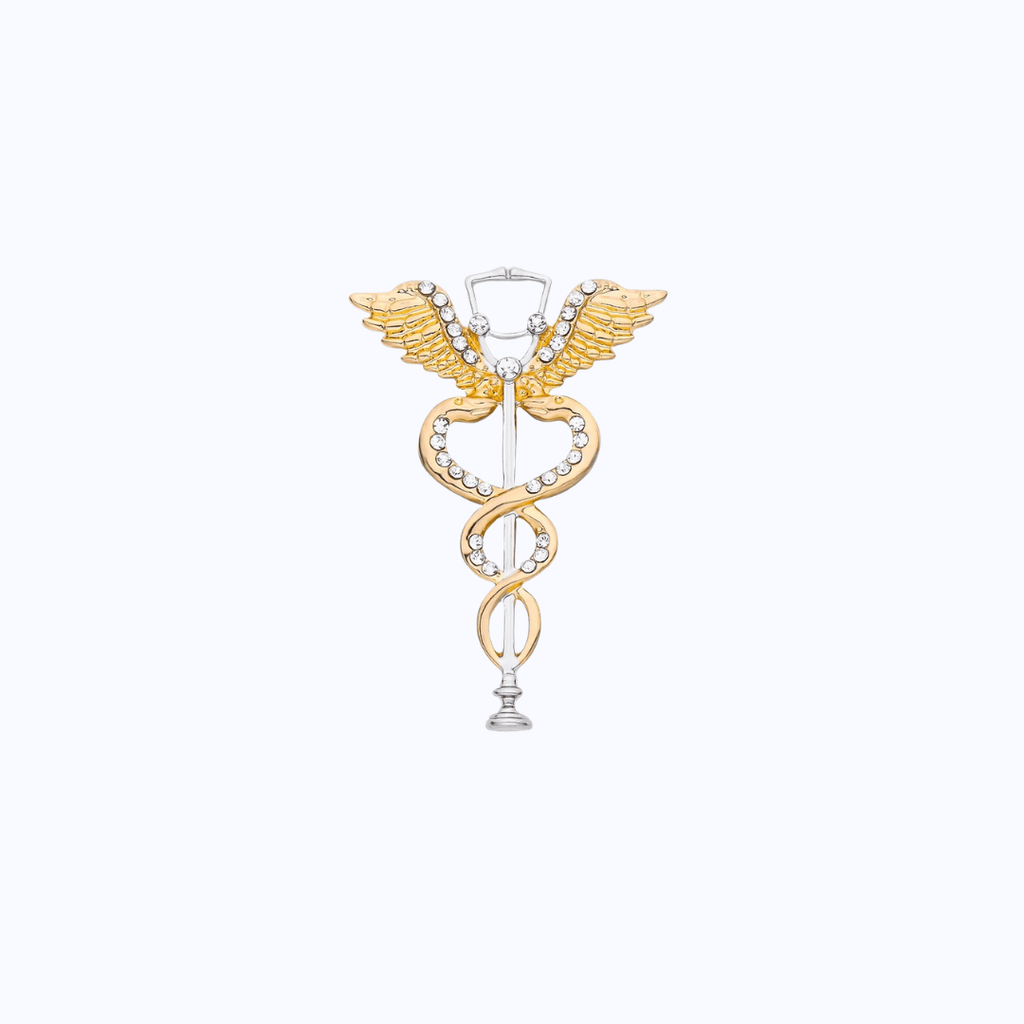 Pin Metálico Caduceo Médico con Cristales Strass y Estetoscopio