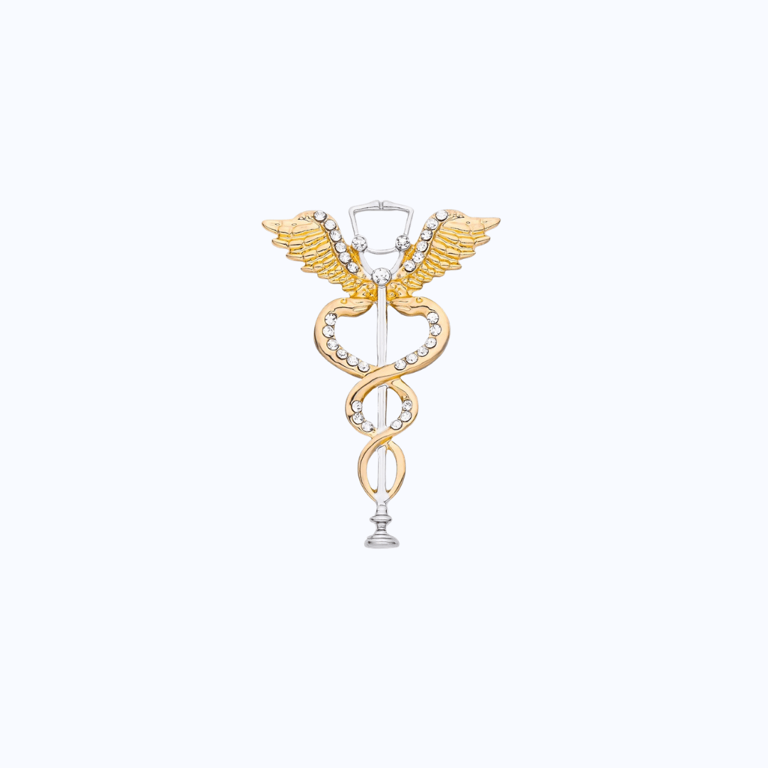 Pin Metálico Caduceo Médico con Cristales Strass y Estetoscopio
