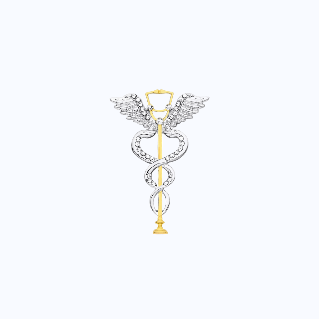 Pin Metálico Caduceo Médico con Cristales Strass y Estetoscopio